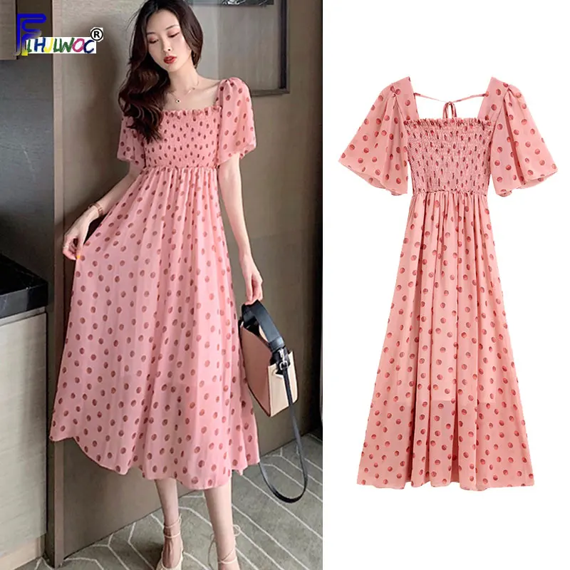 

A Line Dresses Summer Woman Holiday Date Cute Sweet Korea Style Design Ribbon Tie Backless Strapless A Line Dot Dress Long 6030