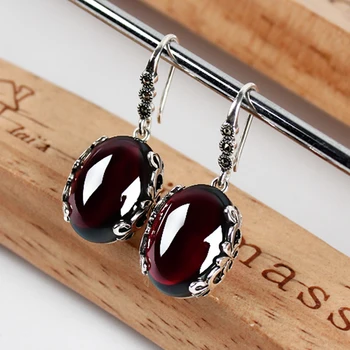 

New Pure 925 Sterling Silver Flower with Red Garnet Dangle Earrings