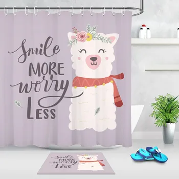 

LB "Smile More Worry Less" Cute Alpaca Custom Light Purple Shower Curtain with Mat Waterproof Bathroom Fabric For Bathtub Decor