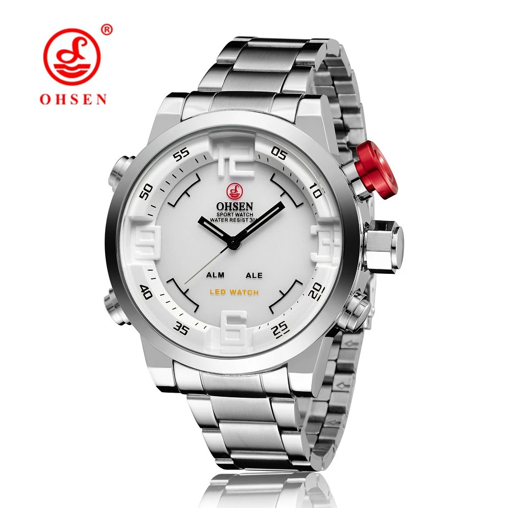 

Orologio Uomo OHSEN Mens Watch LED Date Day Digital Watch Men Male Man Dual Time Zone Full Steel Band Quartz Business Wristwatch