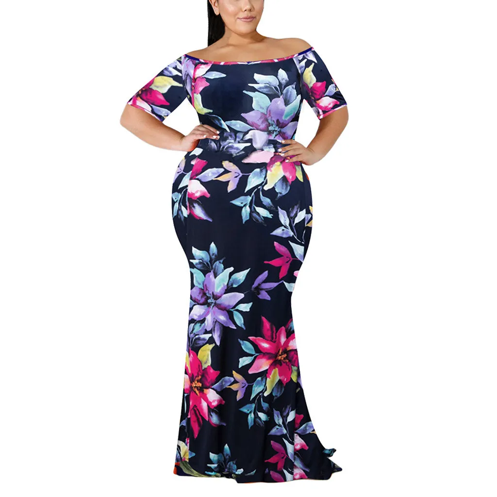 

Womail Women's Plus Size Sexy Slash Dress Floral Print Patchwork Neck Short-Sleeved Printed Waist Slim Dress Female 2019 Jul10