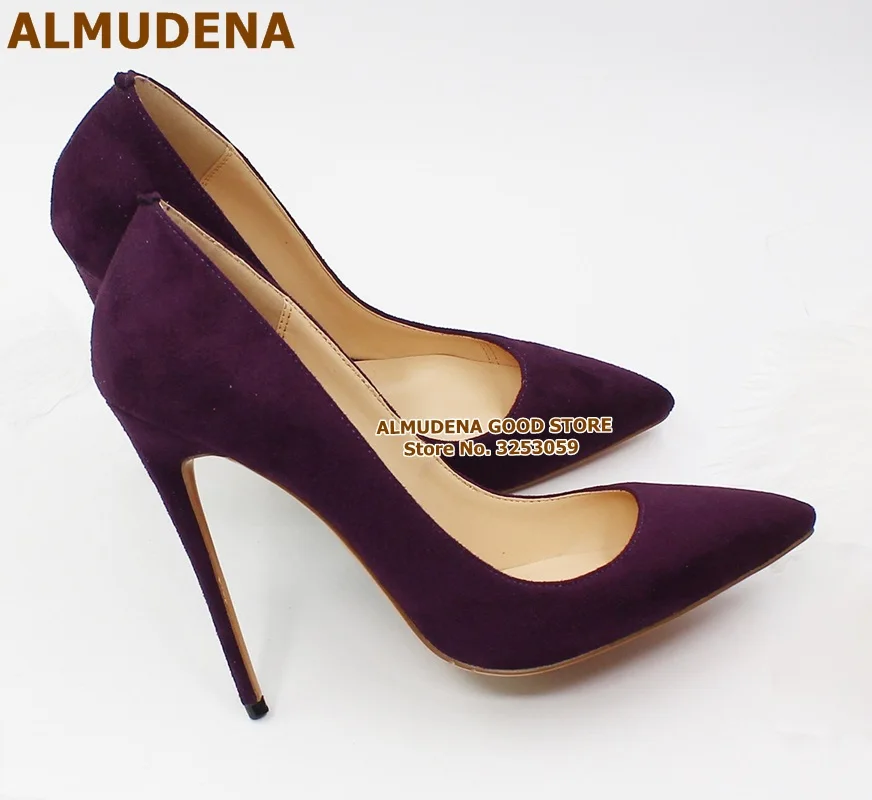 ALMUDENA Suede Pointed Toe Stiletto Heels Dress Pumps Shallow Slip-on 12cm Ultra High Heel Banquet Shoes Purple Yellow Blue ALMUDENA Suede Pointed Toe Stiletto Heels Dress Pumps Shallow Slip-on 12cm Ultra High Heel Banquet Shoes Purple Yellow Blue