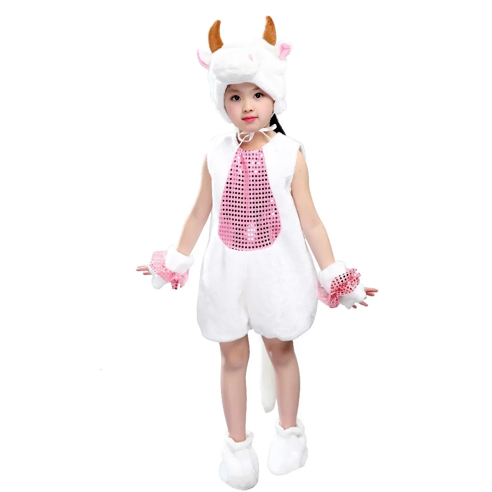 Kids Girl Cartoon Cow Flannel Onesie Halloween Animal Costume Plush Stage Performance Sequin Pattern with Hat Gloves | Детская одежда и