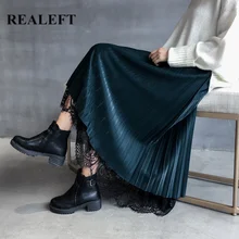 REALEFT осень зима зеленые женские бархатные винтажные кружевные сетчатые Лоскутные Длинные юбки с высокой талией элегантные плиссированные женские юбки