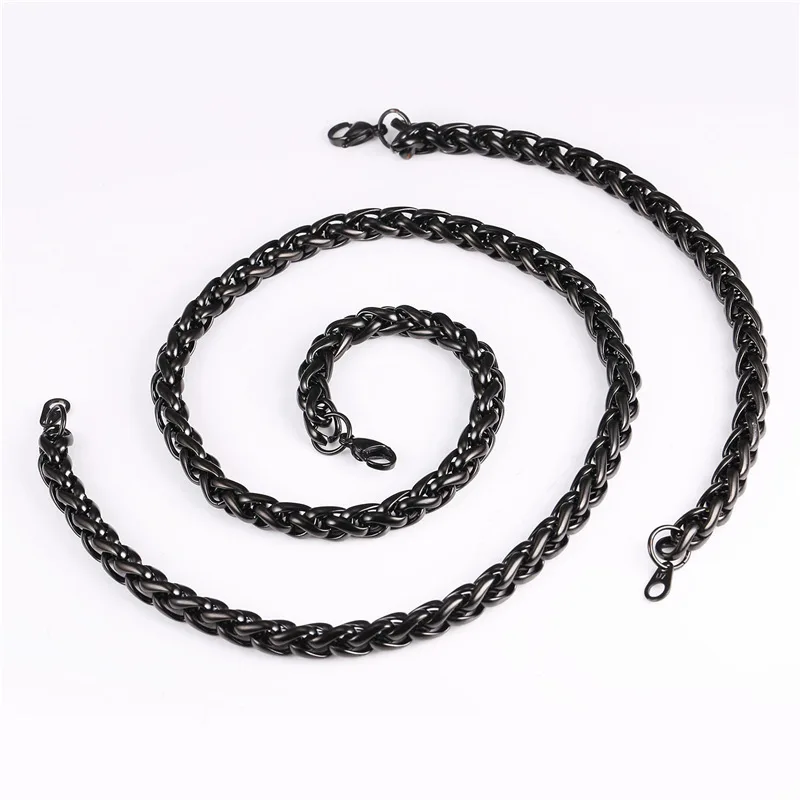 Браслет цепочка 9 мм и крупное ожерелье цвет черный/золотистый из нержавеющей