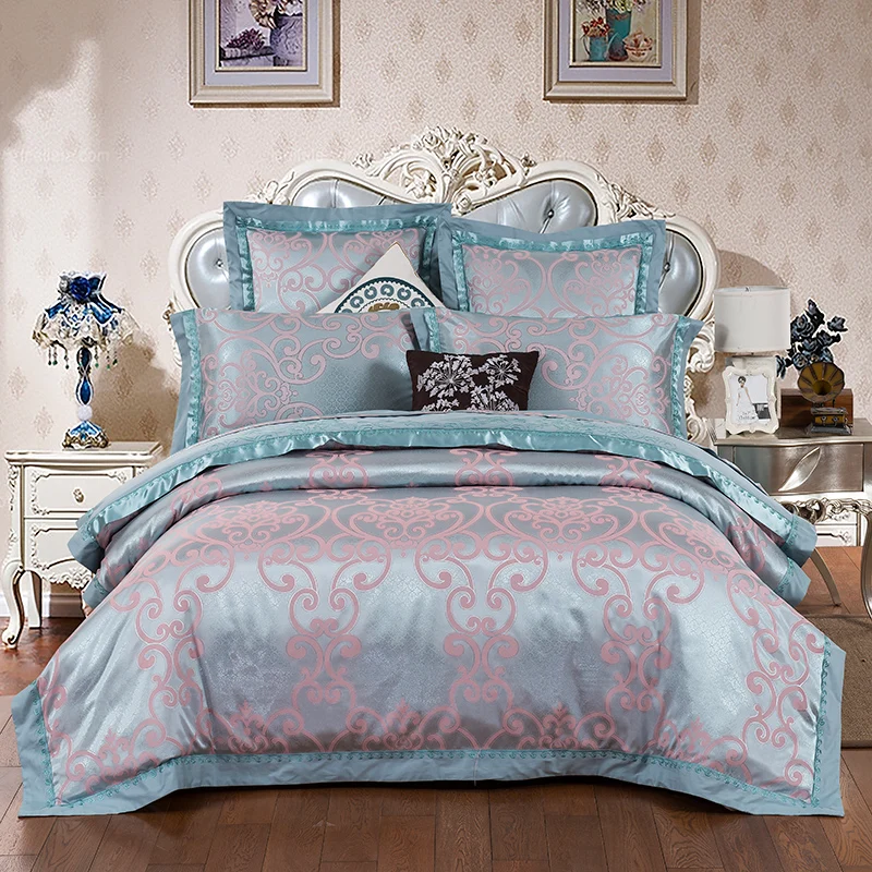 

2018 Brief Lines Grey Blue Bedlinens Silk Cotton Blend Duvet Cover Set Jacquard Queen King Bedding Set Sheet Pillowcases