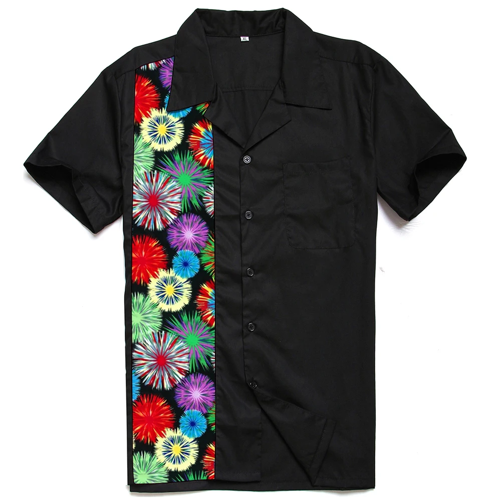 

80s Bowling Shirt Abstract Floral Unisex Adult Clothing Pop Art Multicolour Firework Printed Shirts Cotton Button Up Blouse