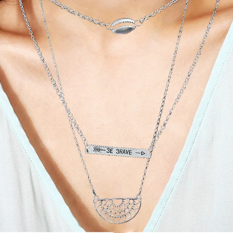 Vintage Charms Jewelry Three Layers Wax Rope Clavicle Chain Multilayer Compass Stars Feathers Leaves Pendant Necklaces For Women
