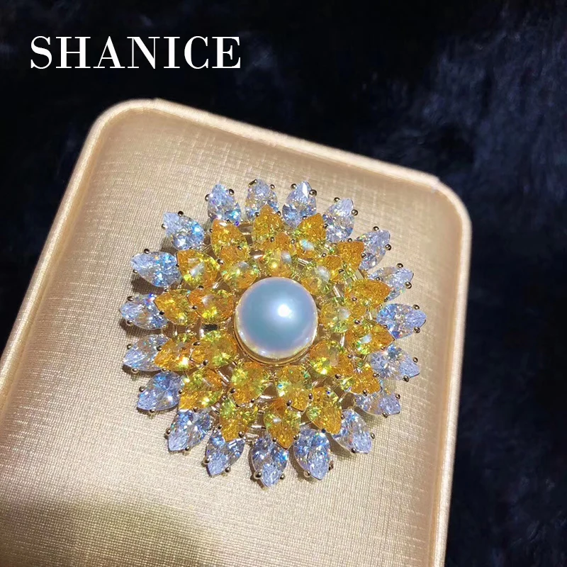 

SHANICE 21 Styles Bling Micro Pave Clear CZ Brooches Silver Tone Pear Cut and Pearl Yellow Flower Style Pins Christmas Gifts