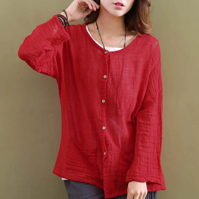 Solid Red White Cotton Women Blouses Shirt Long sleeve Summer Causal ...