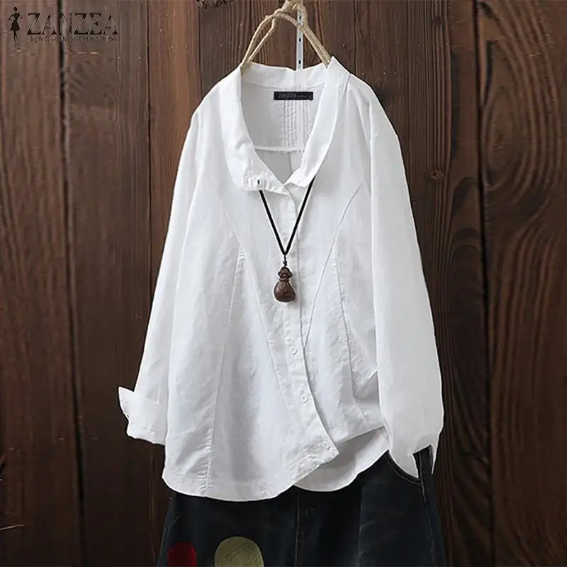 Осенняя женская льняная блузка с отворотом и длинным рукавом, ZANZEA, винтажная туника, топы на пуговицах, Однотонная рубашка, повседневная Рабочая блуза