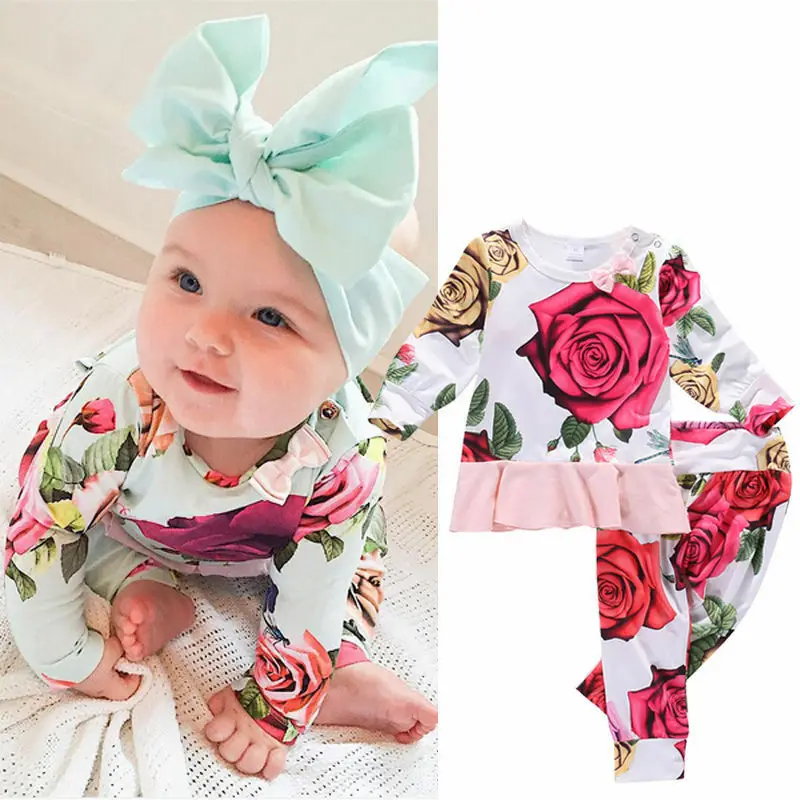 

Spring Winter 2pcs Outfit Set Cotton Floral Pink Long Sleeve Tops + Pants Clothes Clothing for Newborn Toddler Infant Baby Girl