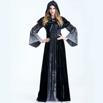 Women Deluxe Halloween Skull Dress Black Skeleton Witch Clothes Long Vampire Queen Costume Dress Up Outfit For Women Size S-L