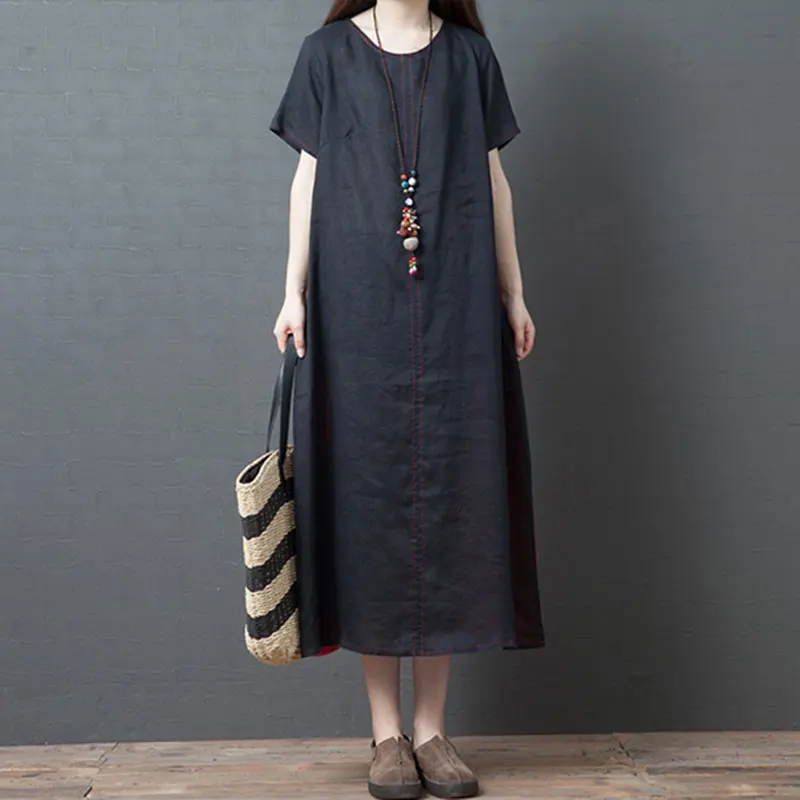 F&ampje Summer Style Women Dresses Plus Size Cotton Linen Patchwork Vintage Long Dress Female Short Sleeve Casual holiday Y83 | Женская