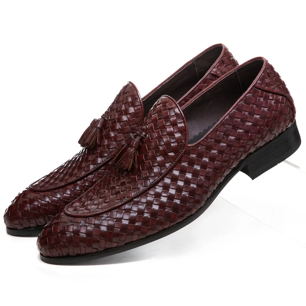 Breathable Brown Tan / Black Woven Design Loafers Summer Mens Wedding Groom Shoes Genuine Leather Male Dress With Tassel | Обувь