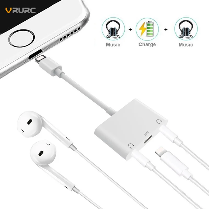 Goedkoop Vrurc Audio Charger Adapter Voor Apple Lightning tot 3.5mm Dubbele Hoofdtelefoon Jack Adapter Voor iPhone X 8 7 78 Plus koppels Splitter