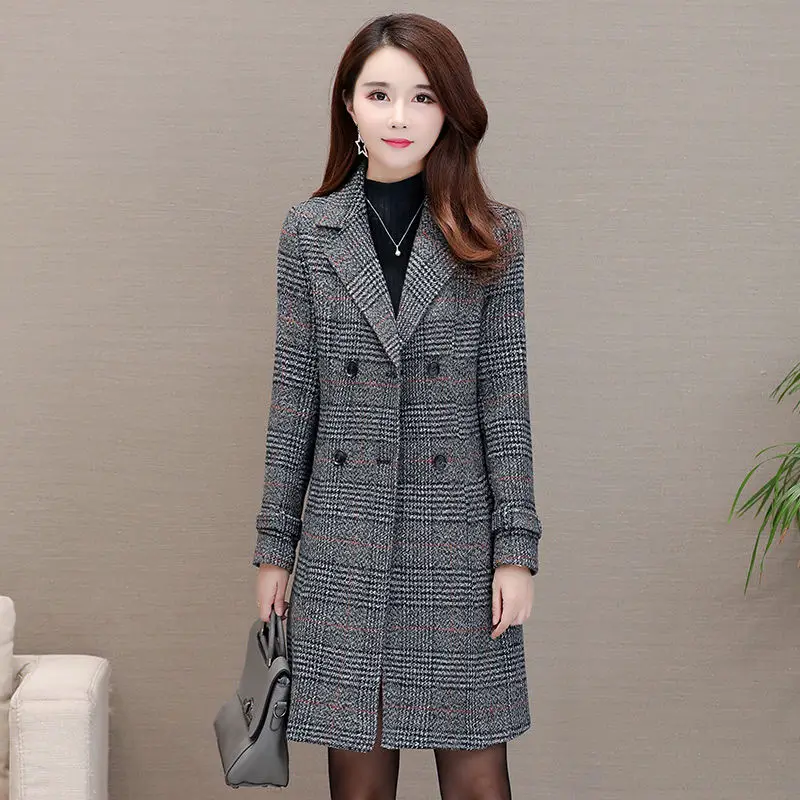 Весна Осень Корея решетки шерстяное пальто с длинным рукавом элегантные женские пальто Новые Большие размеры Модная женская одежда 1082