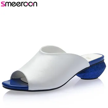 

Smeeroon fashion peep toe 2020 summer new shoes woman genuine leather sandals women mules shoes black white high heels shoes