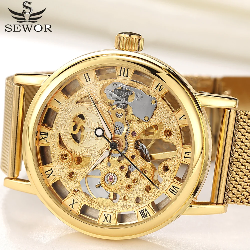 

SEWOR Fashion Luxury Thin Dial Neutral Design Waterproof Men Samll Watches Top Brand Luxury Gold Skeleton Mechanical Watches