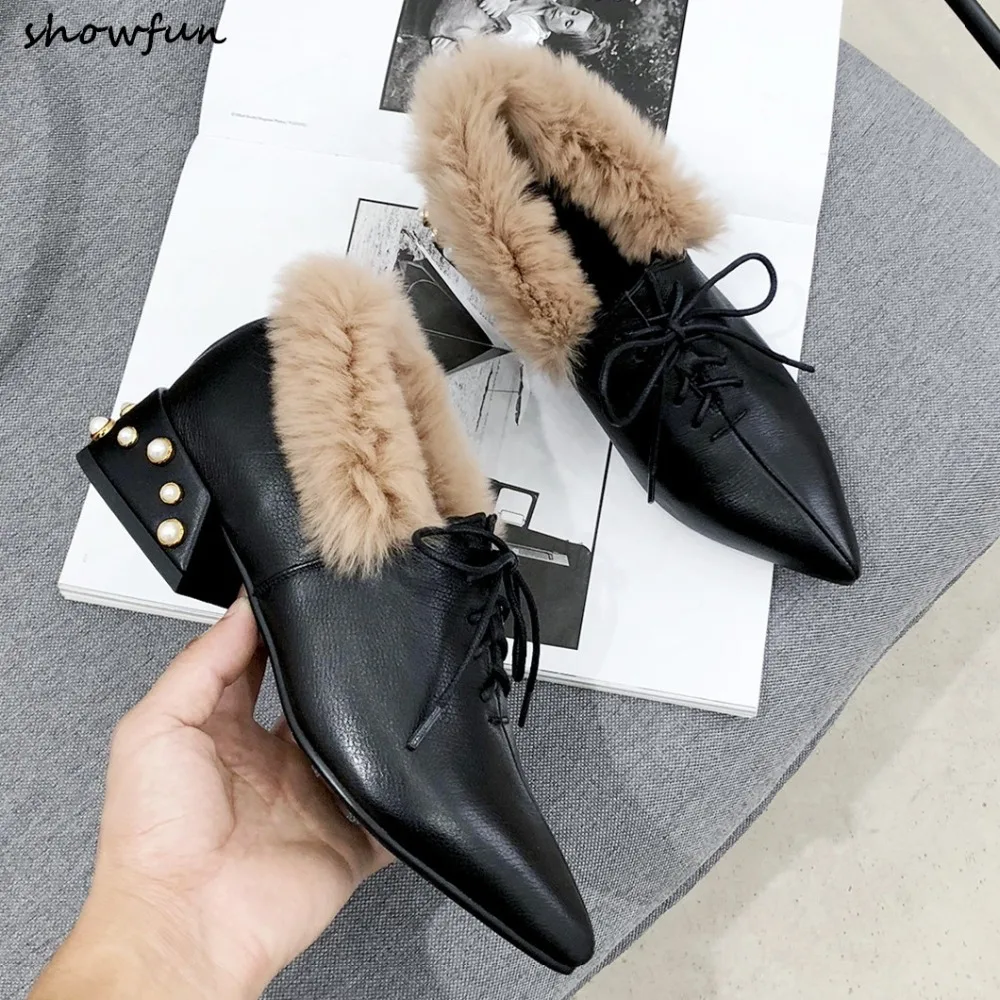 

Women's genuine leather lace-up flats oxfords brand designer winter warm plush leisure espadrilles beading heel comfortable shoe