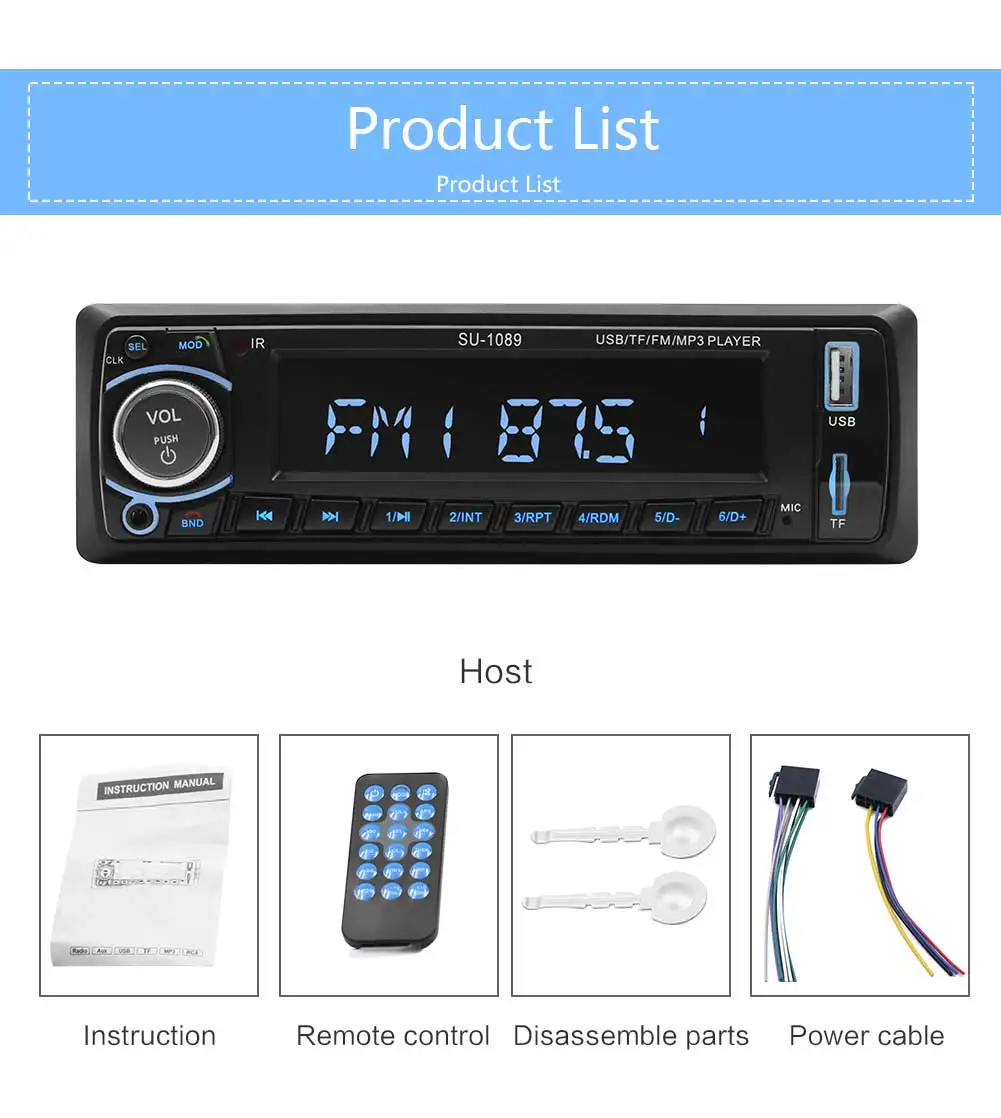 SU-1089 Car Radio Bluetooth Car Stereo In-dash 1 Din USB/AUX/FM/AM Radio Universal Input Receiver MP3 Player Car Accessories