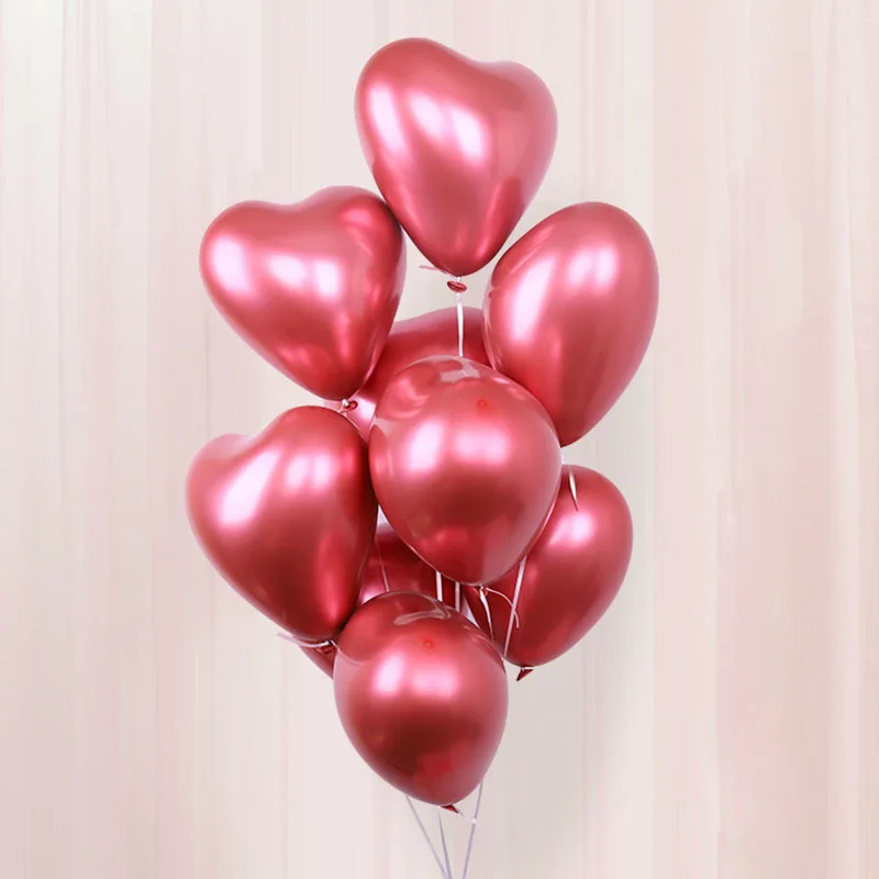 10pcs/lot 12inch Heart Glossy Metal Latex Balloons Thick Metallic Ballon Inflatable Air Globos Valentine's Day Party Decorations - Color: Red