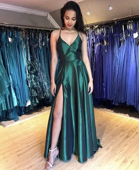 Dark Green V-Neck Side Split Sleeveless Across Lace Up Back A-Line Court Train Satin Prom Dresses Cheap Party Gown For Prom
Dark Green V-Neck Side Split Sleeveless Across Lace Up Back A-Line Court Train Satin Prom Dresses Cheap Party Gown For Prom