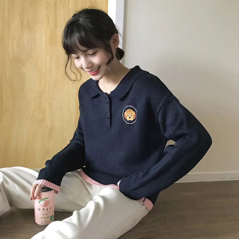 

2 colors 2018 autumn and winter cartoon dog embroidery knitted warm sweaters womens pullovers womens (F1320)