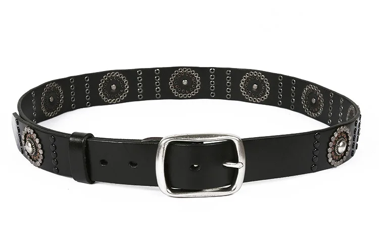 

High quality metal round studded denim belt 100% leather cowhide men's belt punk rivet jeans belt men