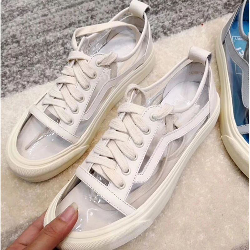 

Hanbaidi Sexy PVC Clear Women Casual Shoes Runway Round Toe Lace Up Flats Outdoor Waterproof Women Loafers Sandalias Mujer 2018