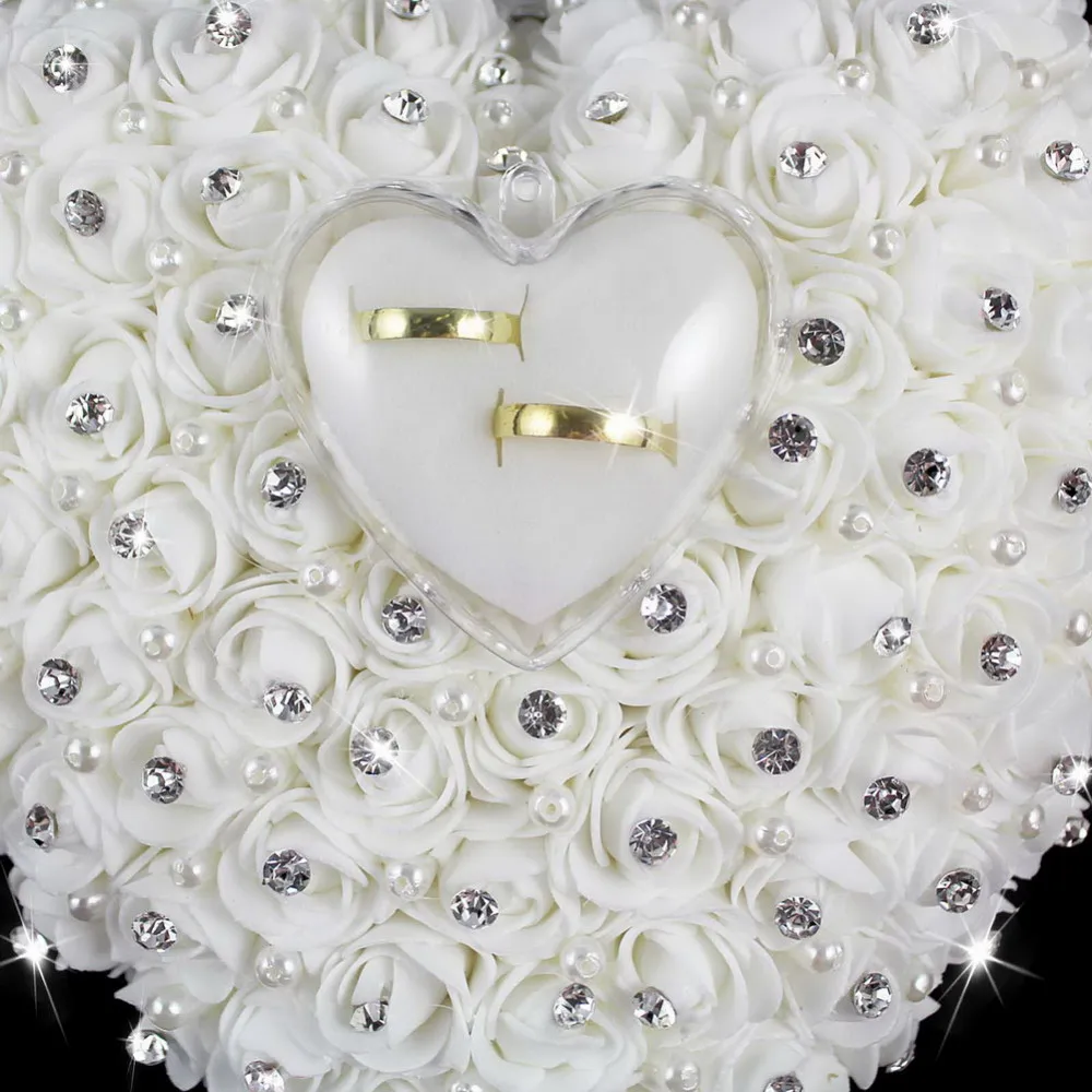 Свадебные сувениры, подвесное кольцо, подушка с прозрачной коробкой, дизайн сердца, стразы, декор жемчугом, свадебное кольцо, украшение подушки