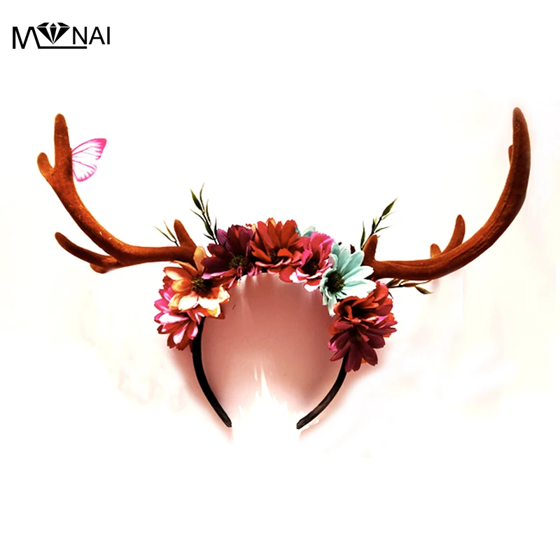 Handmade Gothic Floral Horn Headband Party Festival Christmas Reindeer