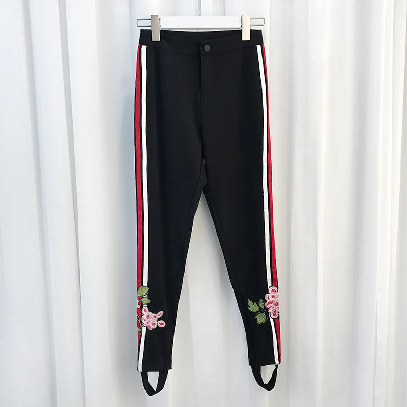 

NCLAGEN Women New Cotton Trousers Regular Fit Striped Flower Embroidery Harem Pants Black Spring Autumn Winter High Quality Pant