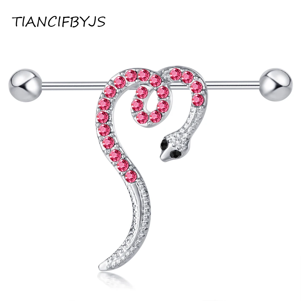 Tiancifbyjs Surgical Steel Pink Crystal Heart Snake Industrial Barbell