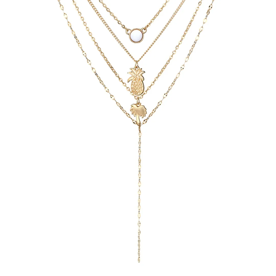 Vintage Charms Gold Multilayer Pineapple Coconut Tree Choker Chain Necklace For Women Girl Shellhard Fashion Travel Accessories