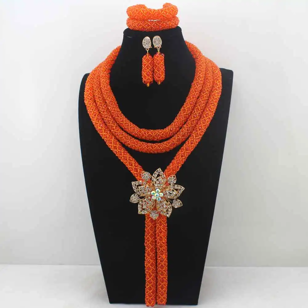 

2019 Fashion Handmade African Beads Jewelry Set Orange Costume Nigerian Wedding LK0016