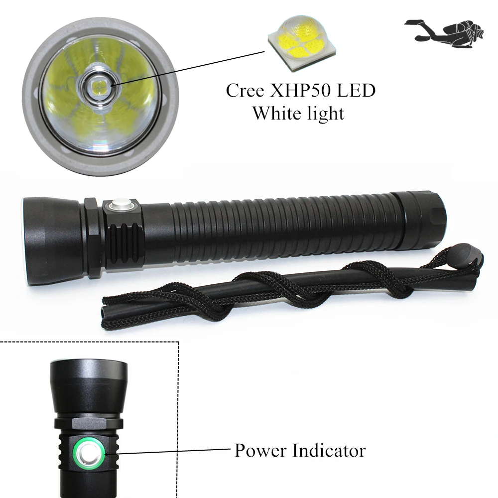 Tactical Diving Flashlight CREE XHP50 2500LM LED Underwater Scuba Light Waterproof Spearfishing Torch with Power Indicator