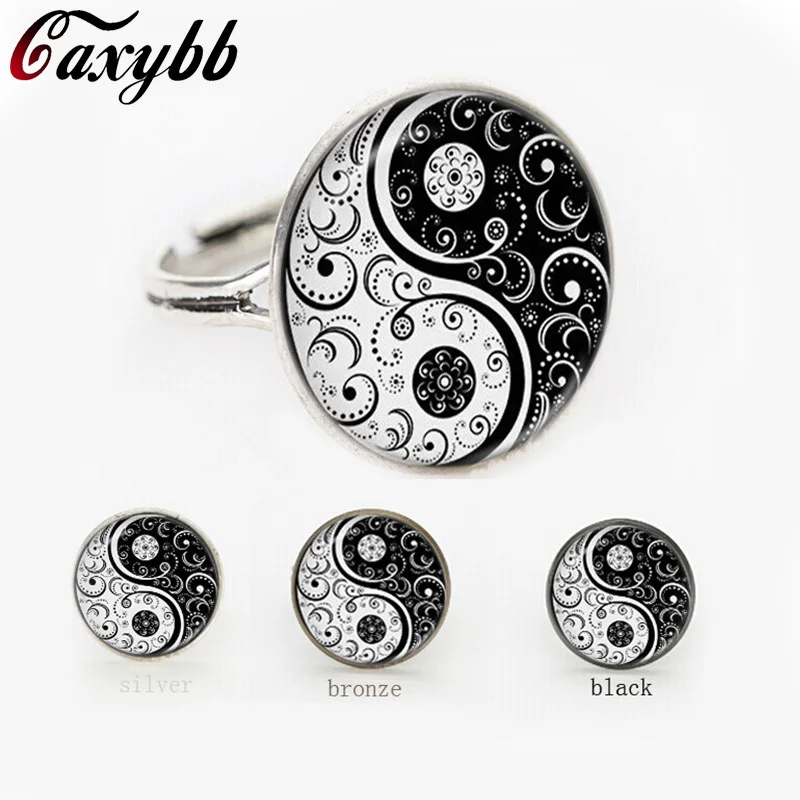 

YIN YANG black and white glass personality balance Round Dome jewelry rings gift for send friend adjustable ring handmade 100%