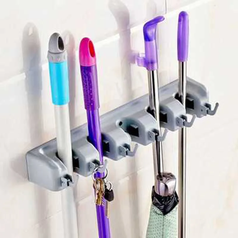 FEIGO الفولاذ المقاوم للصدأ 5 ثقوب 6 السنانير ممسحة شماعات مكنسة مظلة رف مطبخ شرفة الحمام الحائط تخزين الرف F694