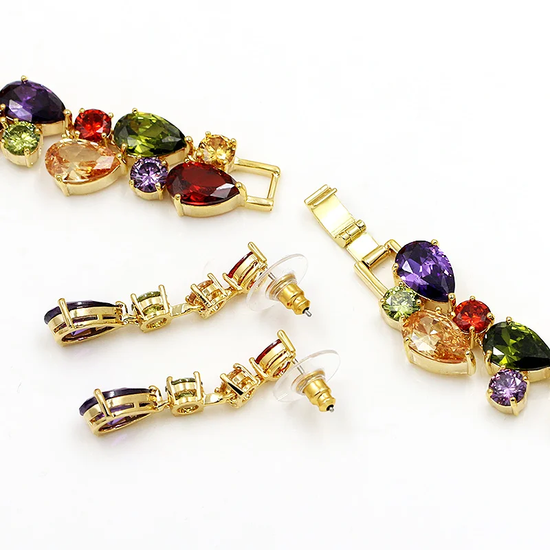 Hermoso colorido Cubic Zirconia cristal Mona Lisa estilo collar y pendientes conjunto de joyas en Color oro plateado - 4