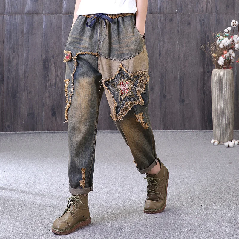 EWQ-New-Summer-spring-2018-fashion-tide-loose-pockets-lace-up-elastic-waist-stars-patch (1)