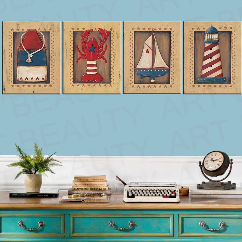 4 Piece Vintage Cartoon Canvas Painting Picture Wall Art Wall Pictures