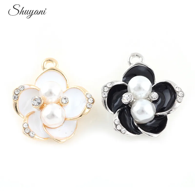 

23*20mm Cute Simulated Pearls Rhinestone Flower Bracelets Necklaces Pendant Alloy Metal Charms