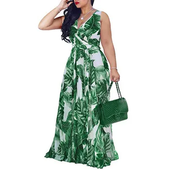 

Womens Plus Size Bohemian Sleeveless Chiffon With Belt V-Neck Printed Long Dress Casual Cloose Beach Holiday Party Maxi Dress #B