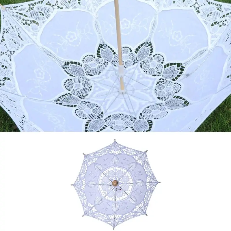Ручной свадебный зонтик для невесты, зонтик с выемкой, вышивка, кружево, однотонный белый цвет, романтический реквизит для фотосессии с деревянной ручкой, 8 ребер