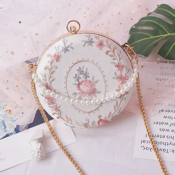 

Angelatracy 2019 New Arrival Embroidery Floral Flower Pearl Chain Metal Frame Shell Circular Retro Shoulder Bag Crossbody Bags