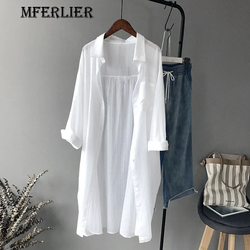 

Summer Autumn Long Tops Women Brief White Turn Down Collar Long Sleeve Single Breasted Pocket Pleated Womens Tops And Blouses