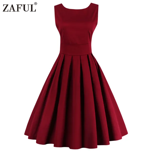 ZAFUL Новый Женский лето Dress Старинные Ретро Халат 50 s 60 s высокая талия Красный Твердые рукавов О-Образным Вырезом Платья Feminino Vestidos