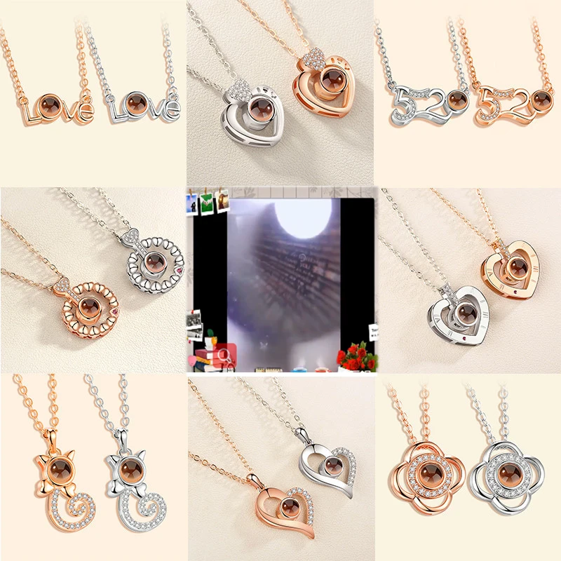 

Rose Gold 100 Languages I Love You Projection Pendant Necklace for women Jewelry Love Memory Wedding Necklace Valentine's Day