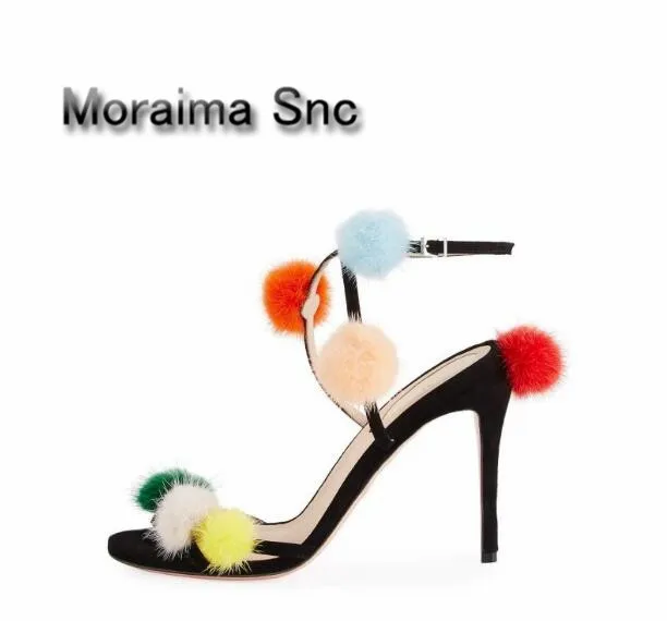 

Moraima Snc brand 2018 summer shoes women colors fur thin high heels sandals girls Handmade Model shoes plus size 44 newest